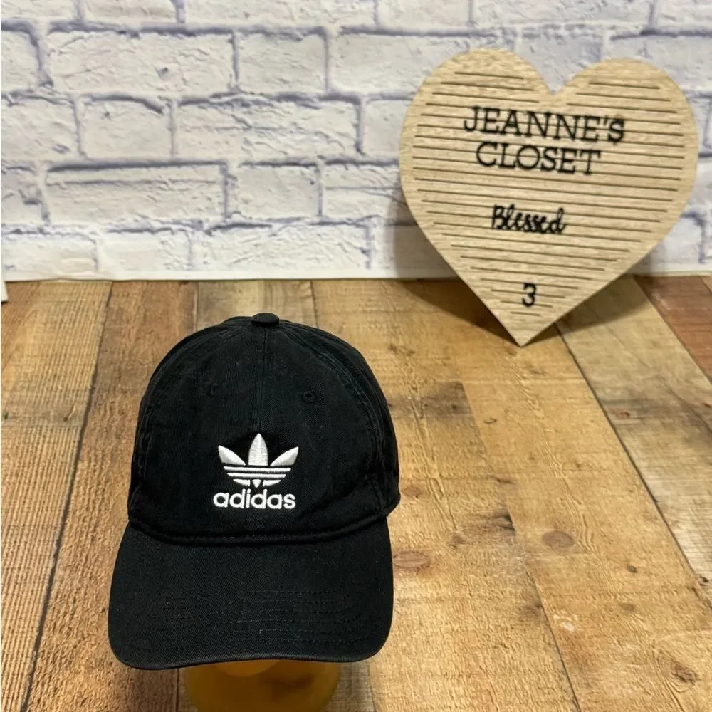 Adidas Hat Cap Strap Back Black White Trefoil Logo Spell Out Baseball Unisex Gym
